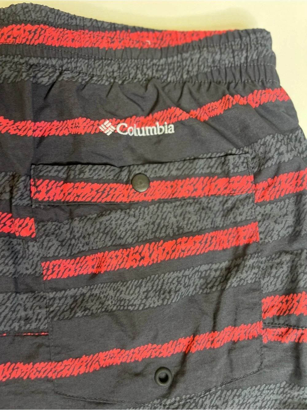 Columbia Swim Shorts Men’s Red/Black/Charcoal Striped Trunk Lined - Size Medium